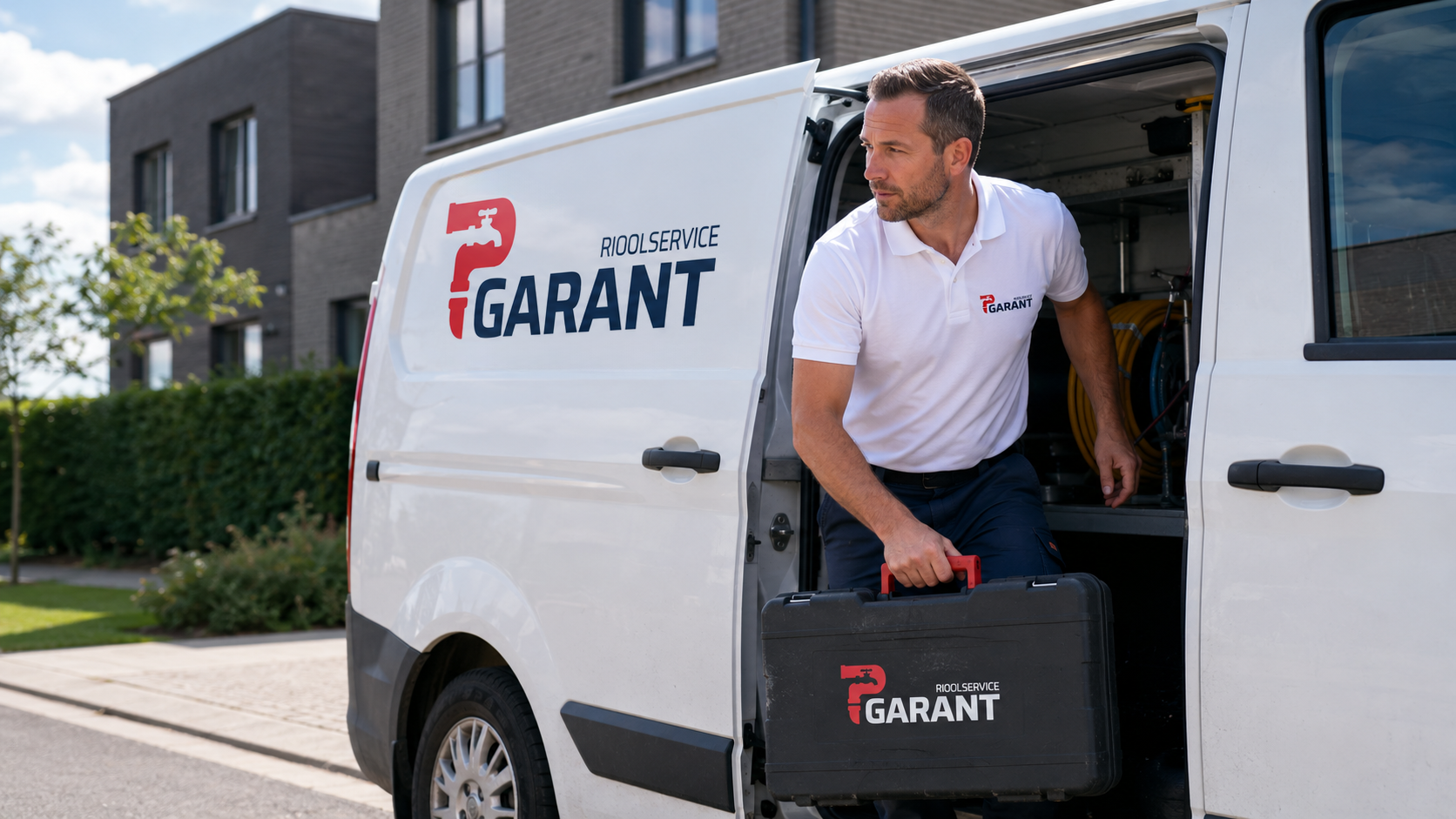 Bestelwagen van Rioolservice Garant met technieker en materiaalkoffer voor een Vlaamse woning