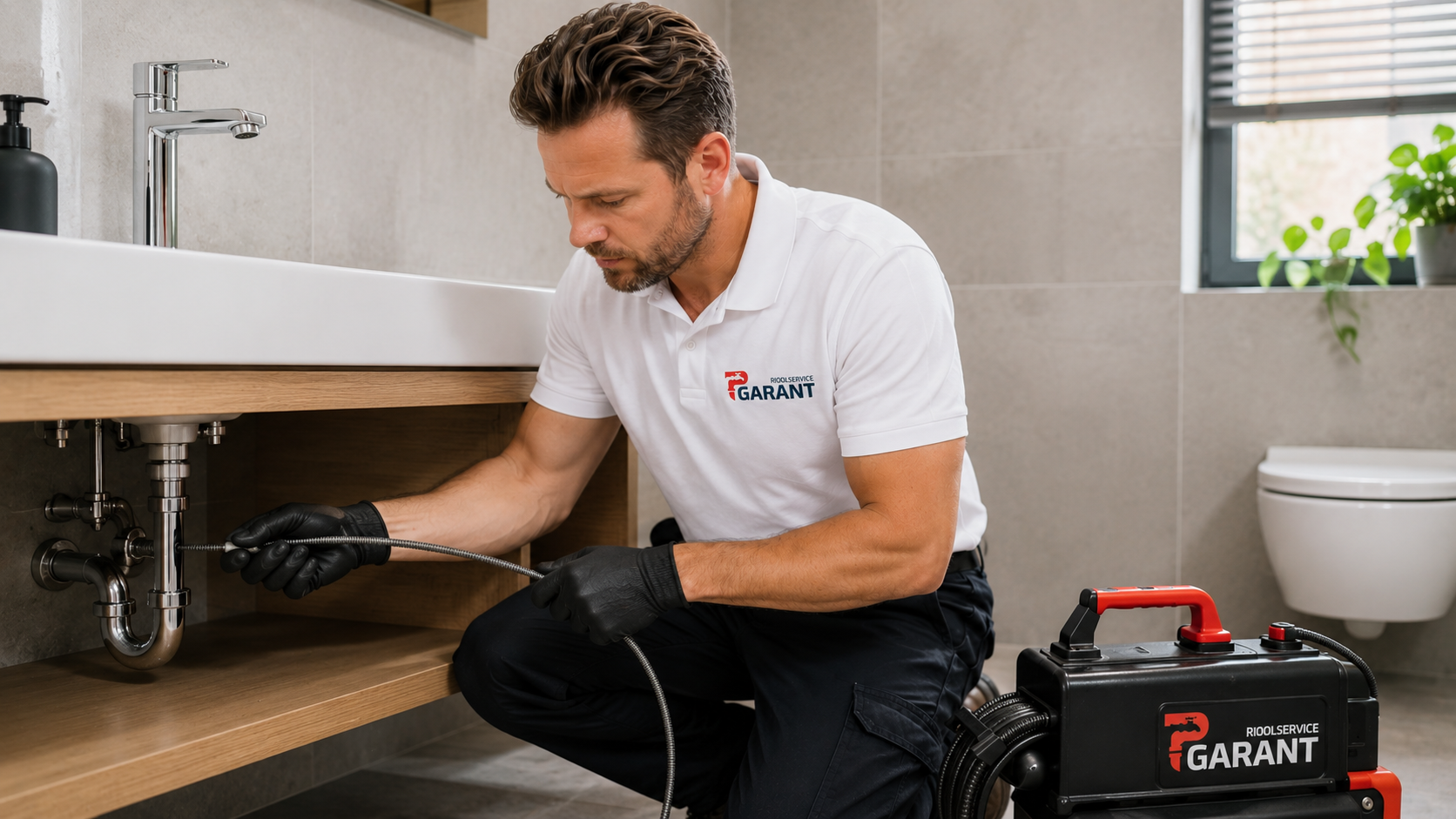 Vakman van Rioolservice Garant aan het werk onder een gootsteen